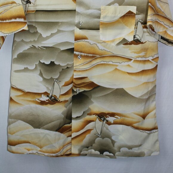 Pomare Hawaiian Shirt Mens Size M Medium Yellow Sailing Clouds Vintage - Picture 2 of 5
